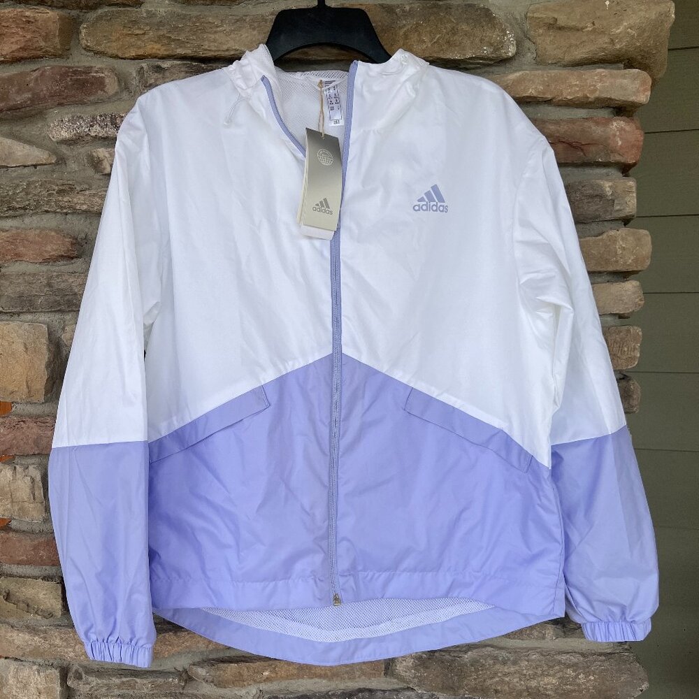Adidas Women's ESSENTIALS OVERSIZE LOGO HOODED WINDBREAKER White Violet XS L NWT